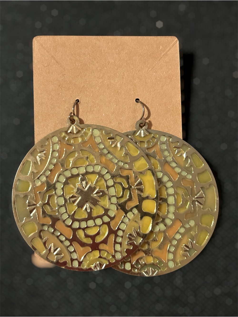 Forever 21 retro style enamel mosaic design dangle filigree disc Earrings
